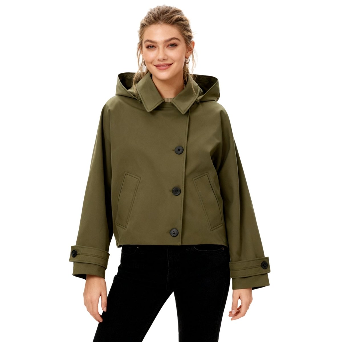 Model wearing the Kouvr oversized hooded lilibeth in army green, showing the relaxed fit and hood detail.