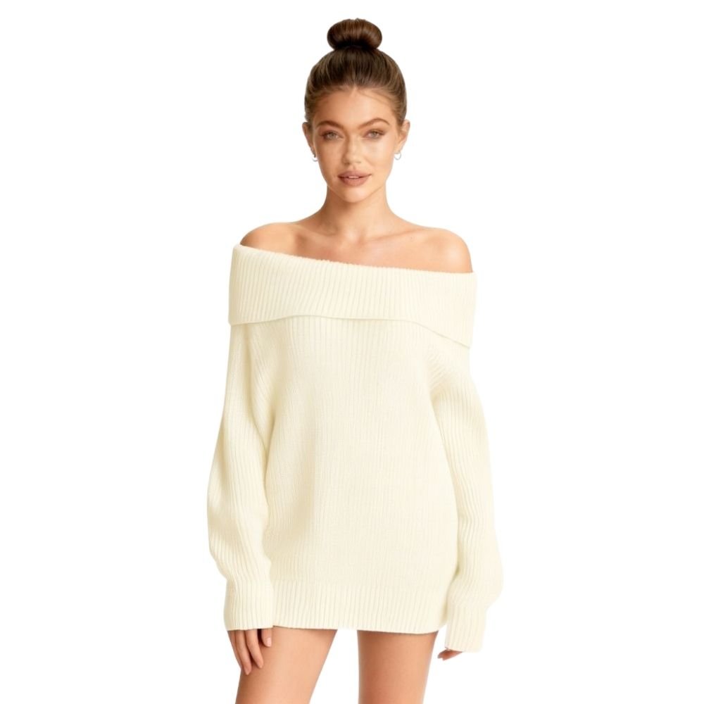 Woman wearing a kouvr off-shoulder cream sweater on a white background