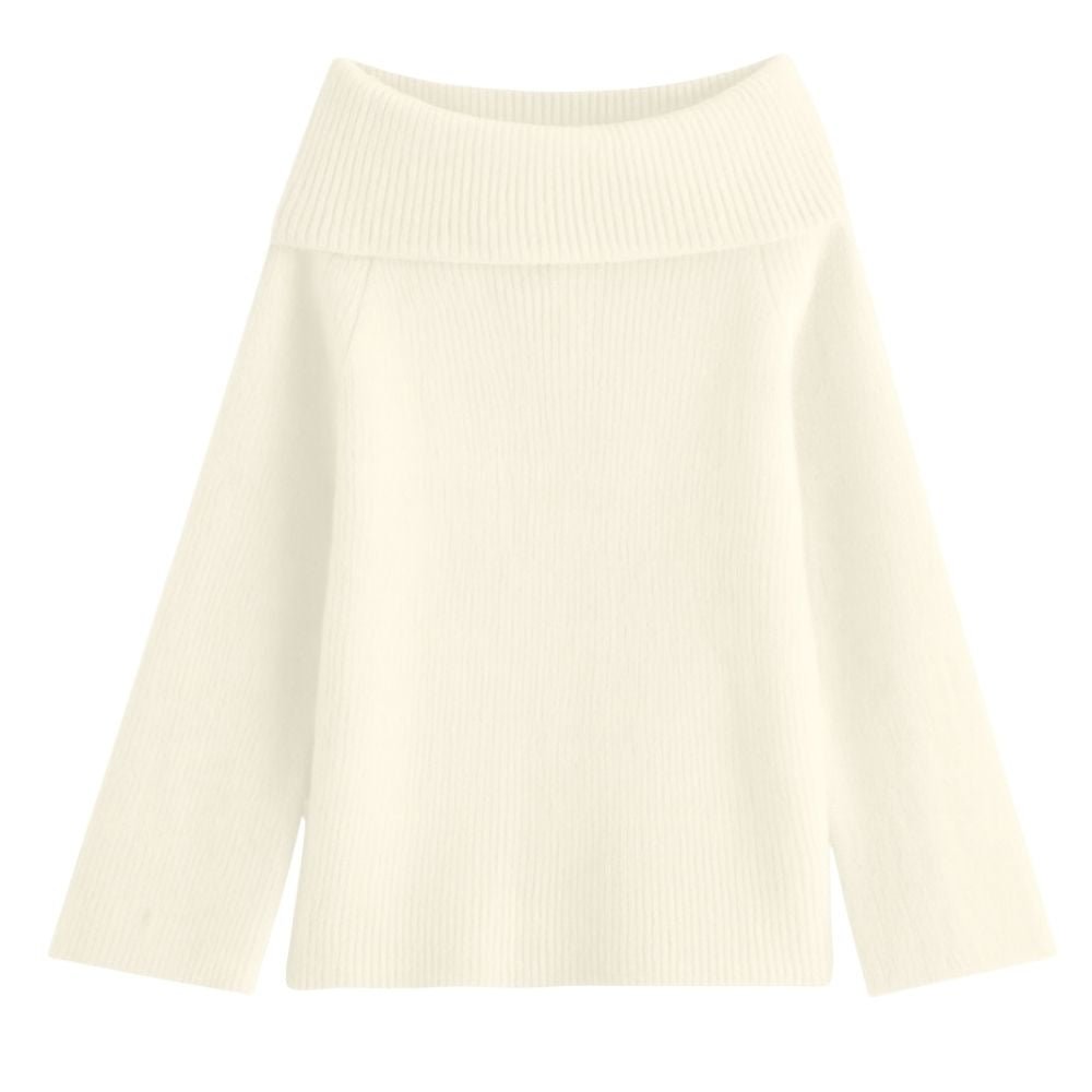 Cream-colored kouvr ribbed knit skirt on a white background