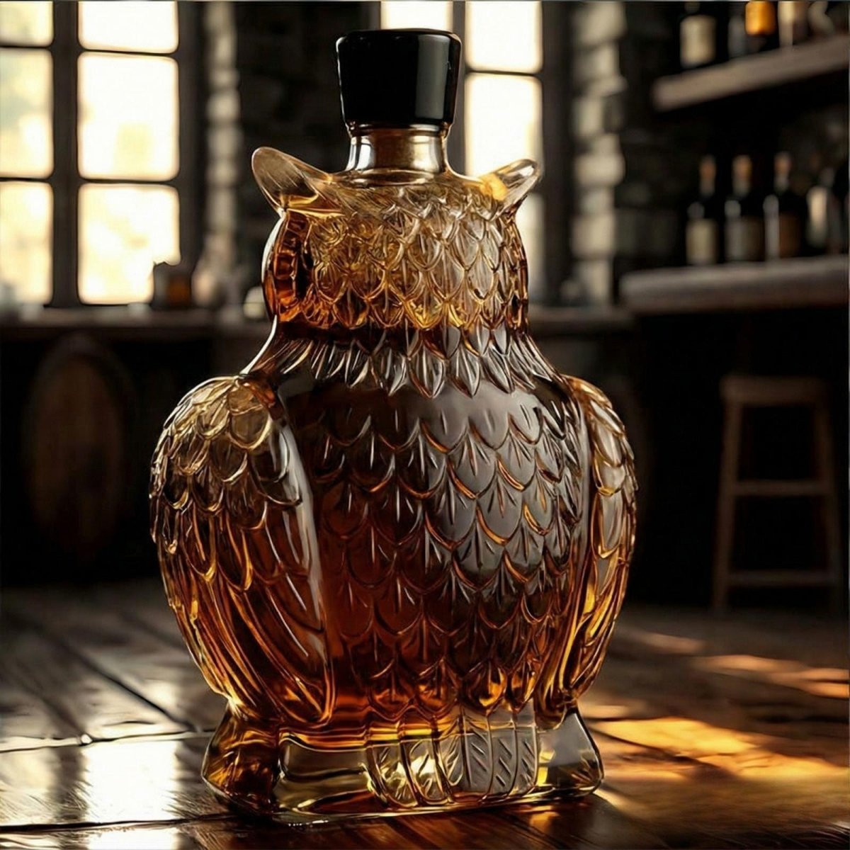 Back view of the Kouvr owl whiskey decanter showing the intricate hand-blown glass feather detail across the wings and body.
