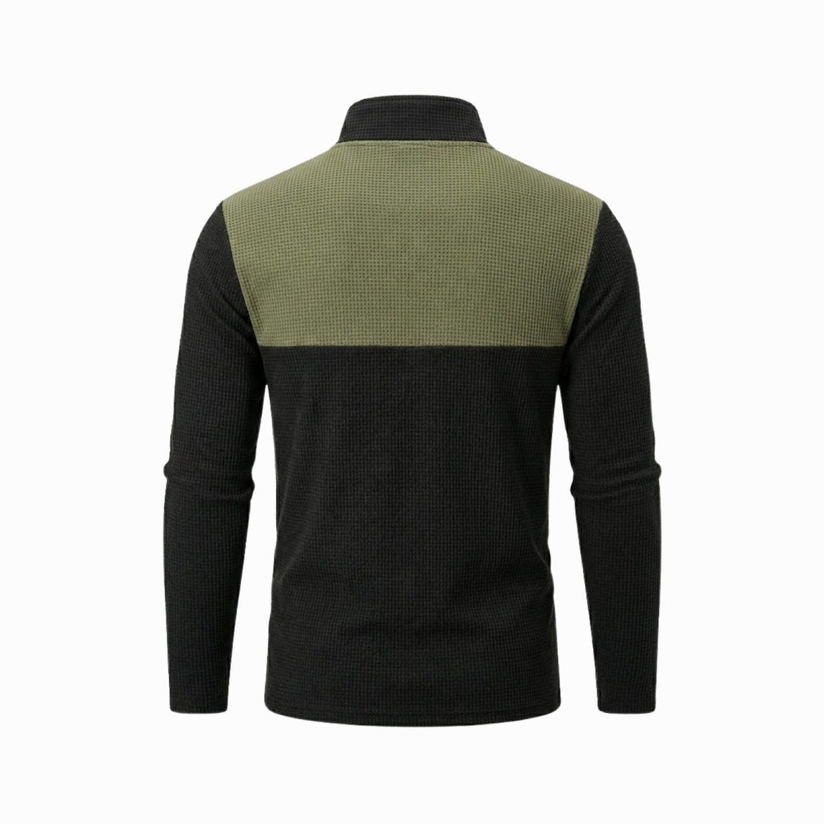 Rear product shot of the Kouvr Ozzy sweater, showing the clean lines of the color block design from the back.