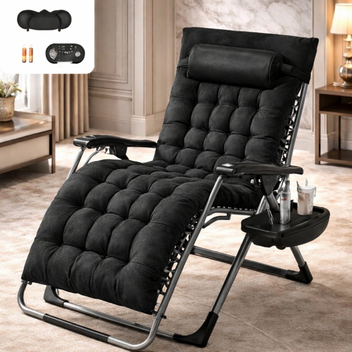 Black padded Kouvr zero gravity chair fully reclined in a modern, sunlit living room, showcasing its plush tufted cushion.