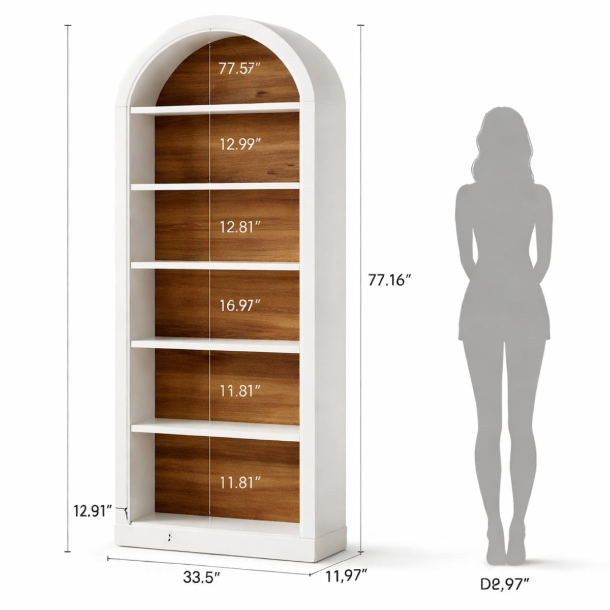 A diagram showing the exact dimensions of the Kouvr Palladian arched bookcase, including a total height of 77.16 inches and a width of 33.5 inches, shown next to a silhouette for scale.