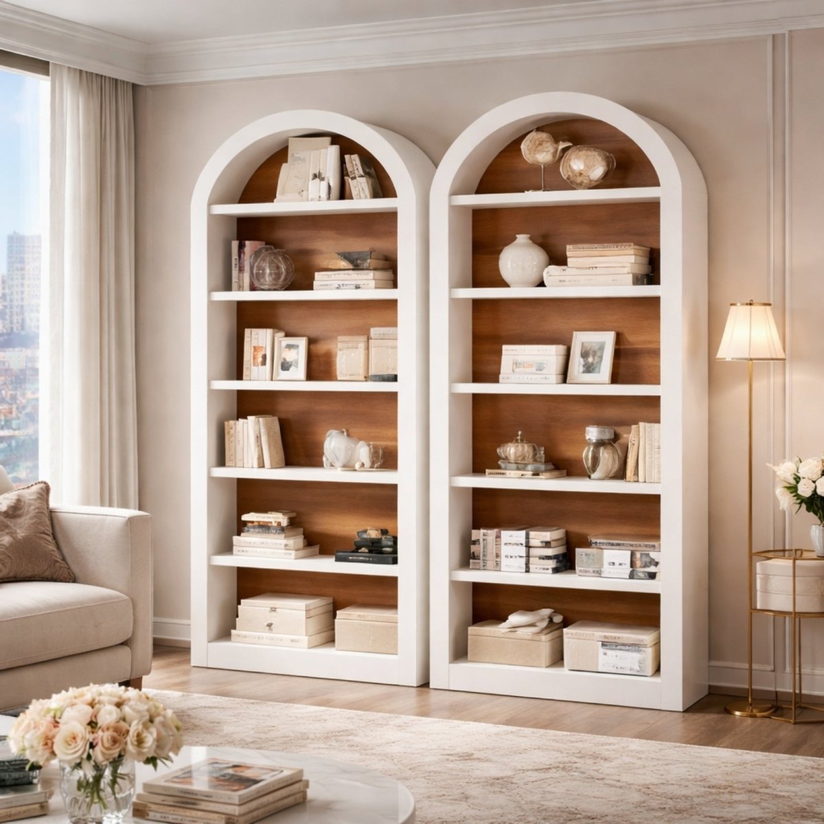 The Kouvr Palladian arched bookcase used for stylish storage in a serene bedroom, holding folded linens, books, and decorative boxes.