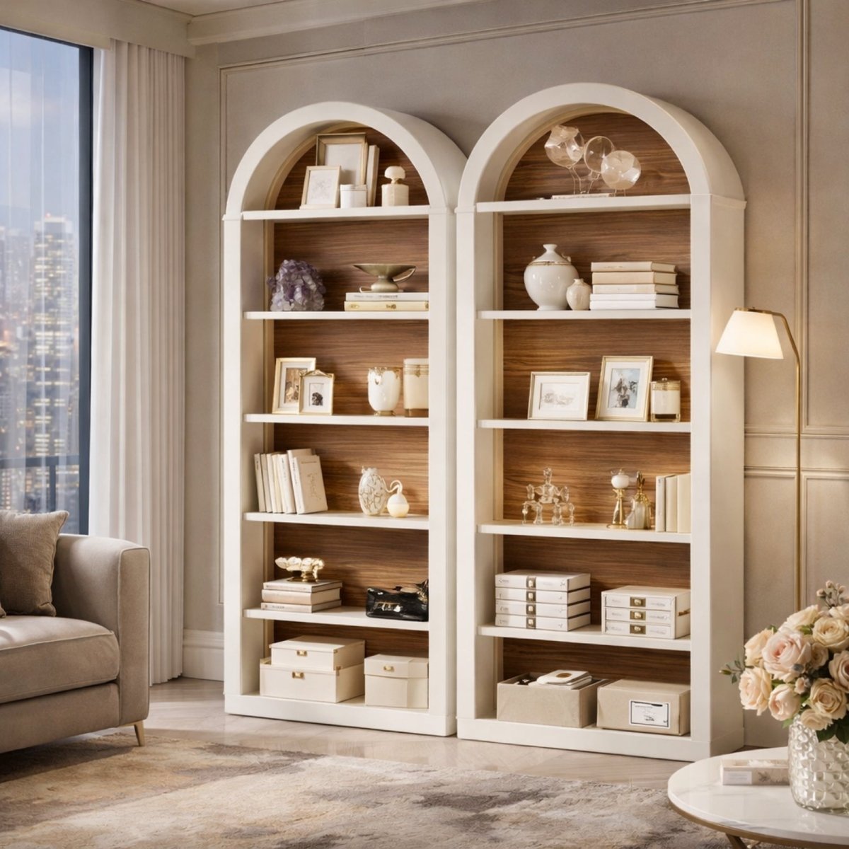 A pair of Kouvr Palladian arched bookcases in white and wood, elegantly styled with books and decor in a sophisticated high-rise apartment living room.