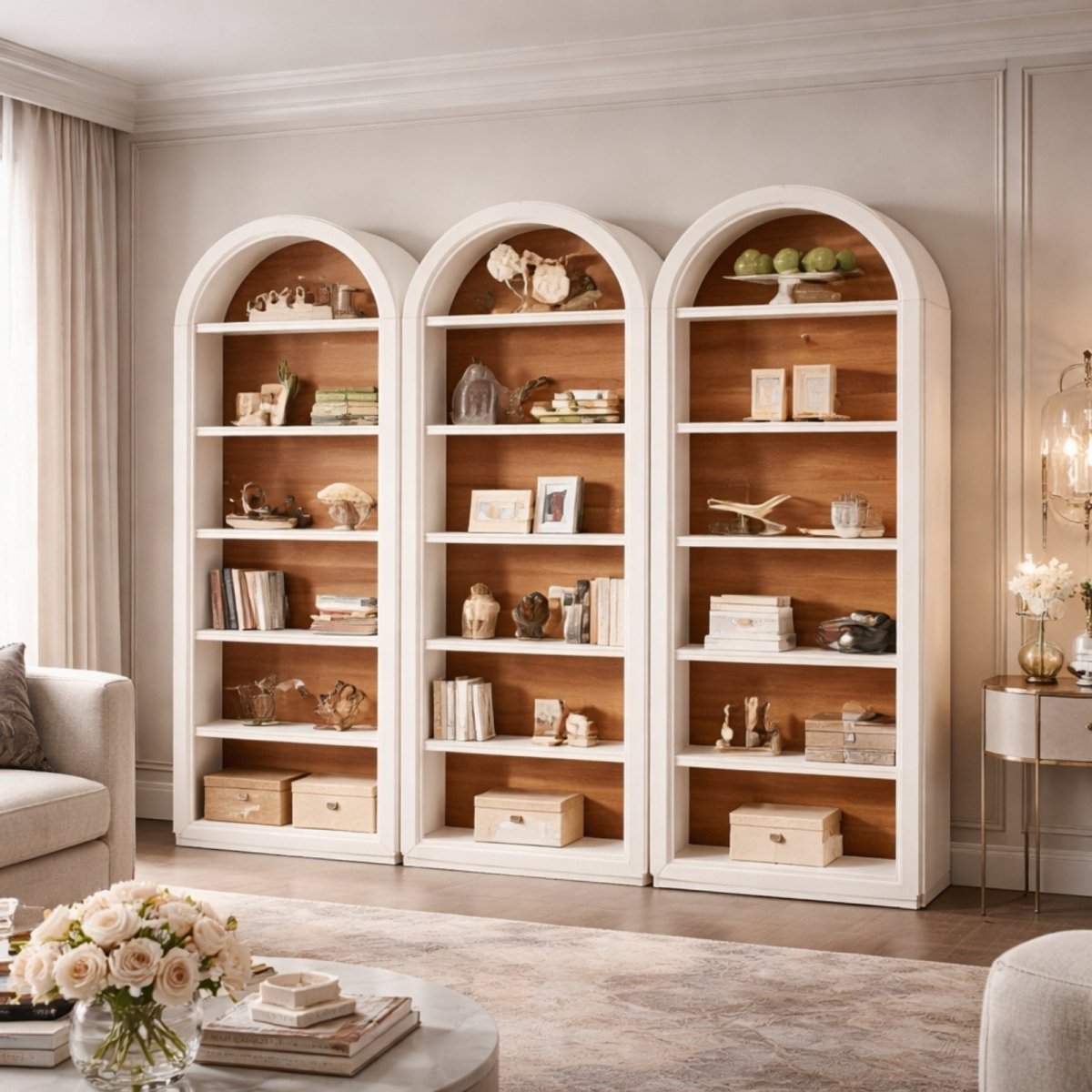 Three Kouvr Palladian arched bookcases placed side-by-side to create a grand library wall unit in a spacious, light-filled living room.