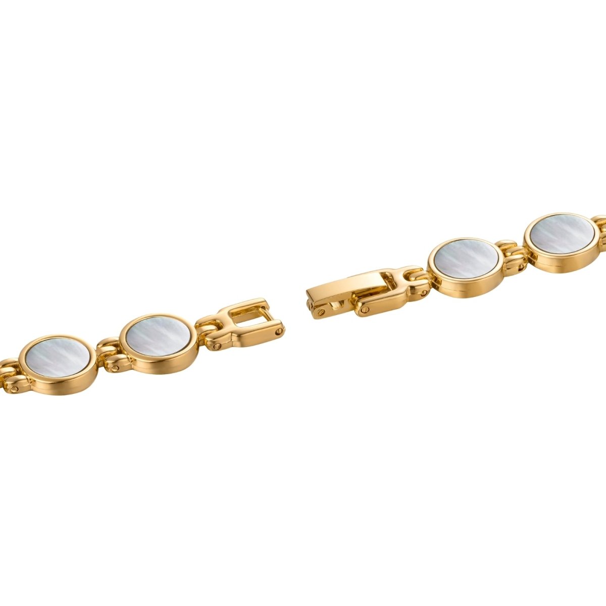Detail of the adjustable jewelry clasp on the gold-tone stainless steel Kouvr Pearl Faelan watch.