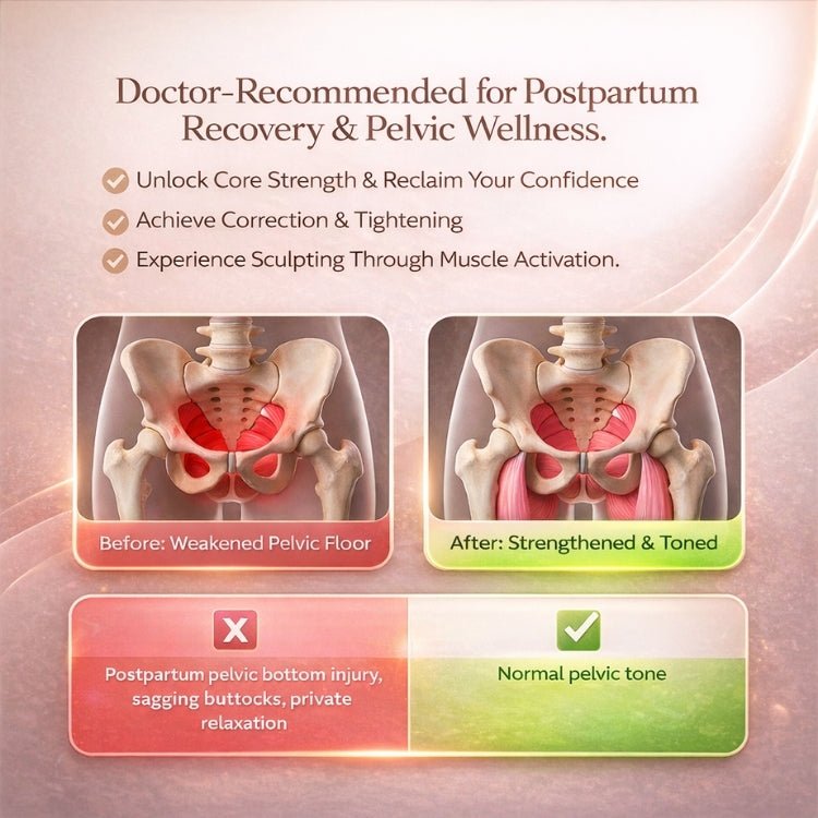 Infographic for KOUVR, showing "Doctor-Recommended for Postpartum Recovery & Pelvic Wellness." It features "Before" (Weakened Pelvic Floor) and "After" (Strengthened & Toned) anatomical diagrams, with text bullet points like "Unlock Core Strength & Reclaim Your Confidence" and "Achieve Correction & Tightening
