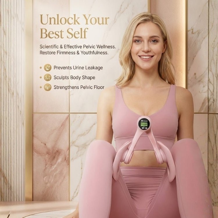 A blonde woman smiles while sitting and using the pink KOUVR device between her thighs. Overlaid text lists benefits: "Prevents Urine Leakage," "Sculpts Body Shape," and "Strengthens Pelvic Floor