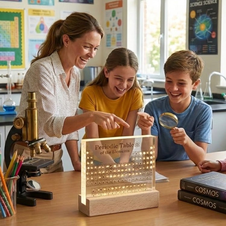 A teacher and two students laughing and pointing at the illuminated Kouvr periodic table, using it as an interactive classroom learning tool