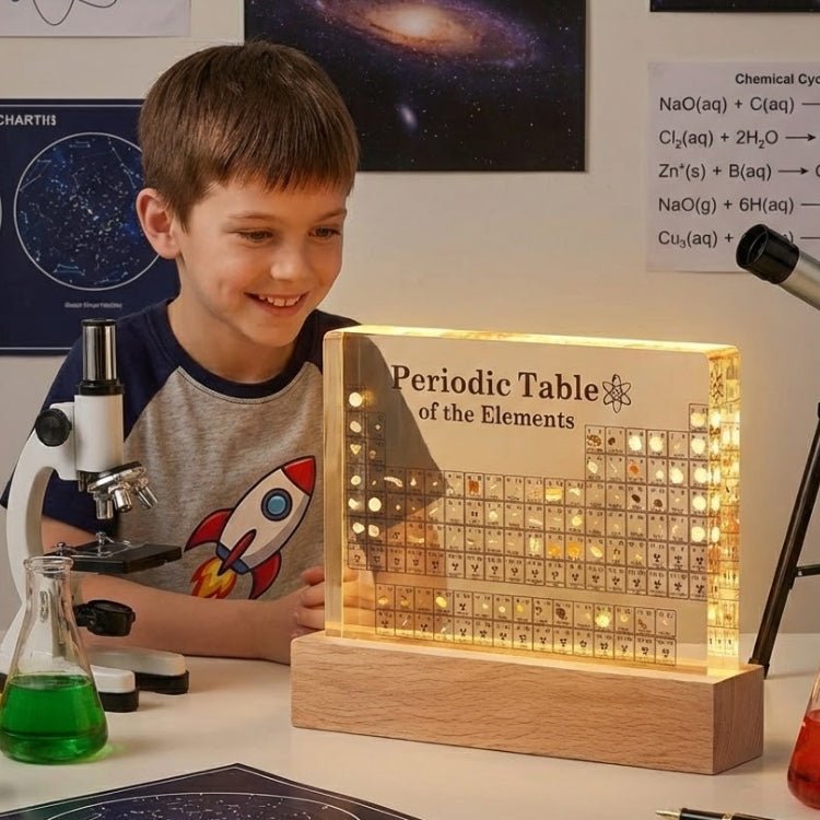 Young boy smiling as he explores a Kouvr light-up periodic table display with real elements next to his microscope.