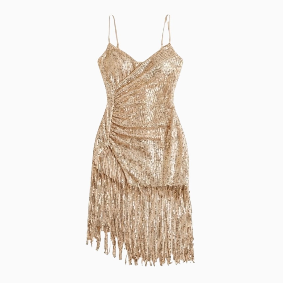 Flatlay of a V-neck gold sequin dress with asymmetrical fringe, highlighting the ruched texture.