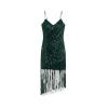 Product photo of an dark green V-neck sequin dress with asymmetrical fringe detail on a white background. kouvr-fashion-black-phaedra-sequin-fringe-dress-flatlay-front.