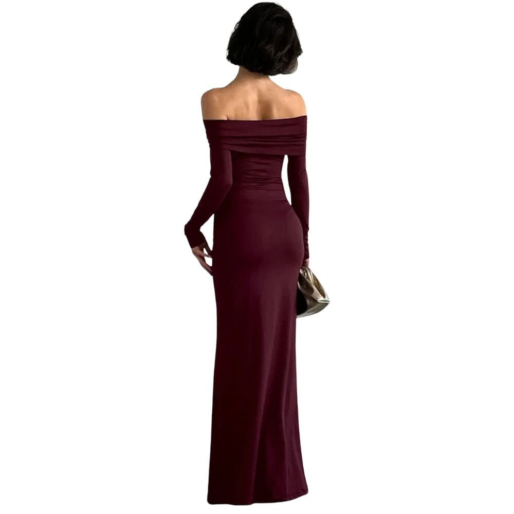Burgundy kouvr long-sleeve off-shoulder  dress on a white background