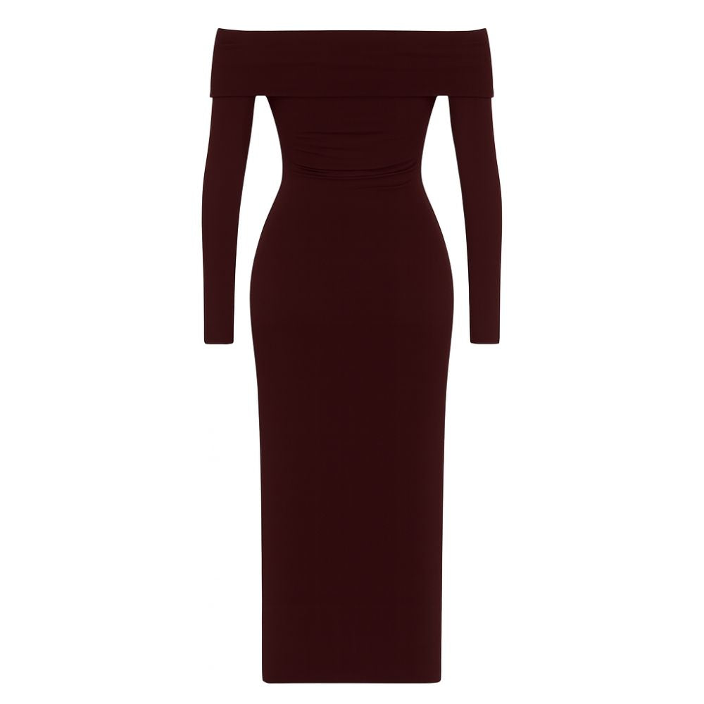 Burgundy kouvr off-shoulder dress on a white background