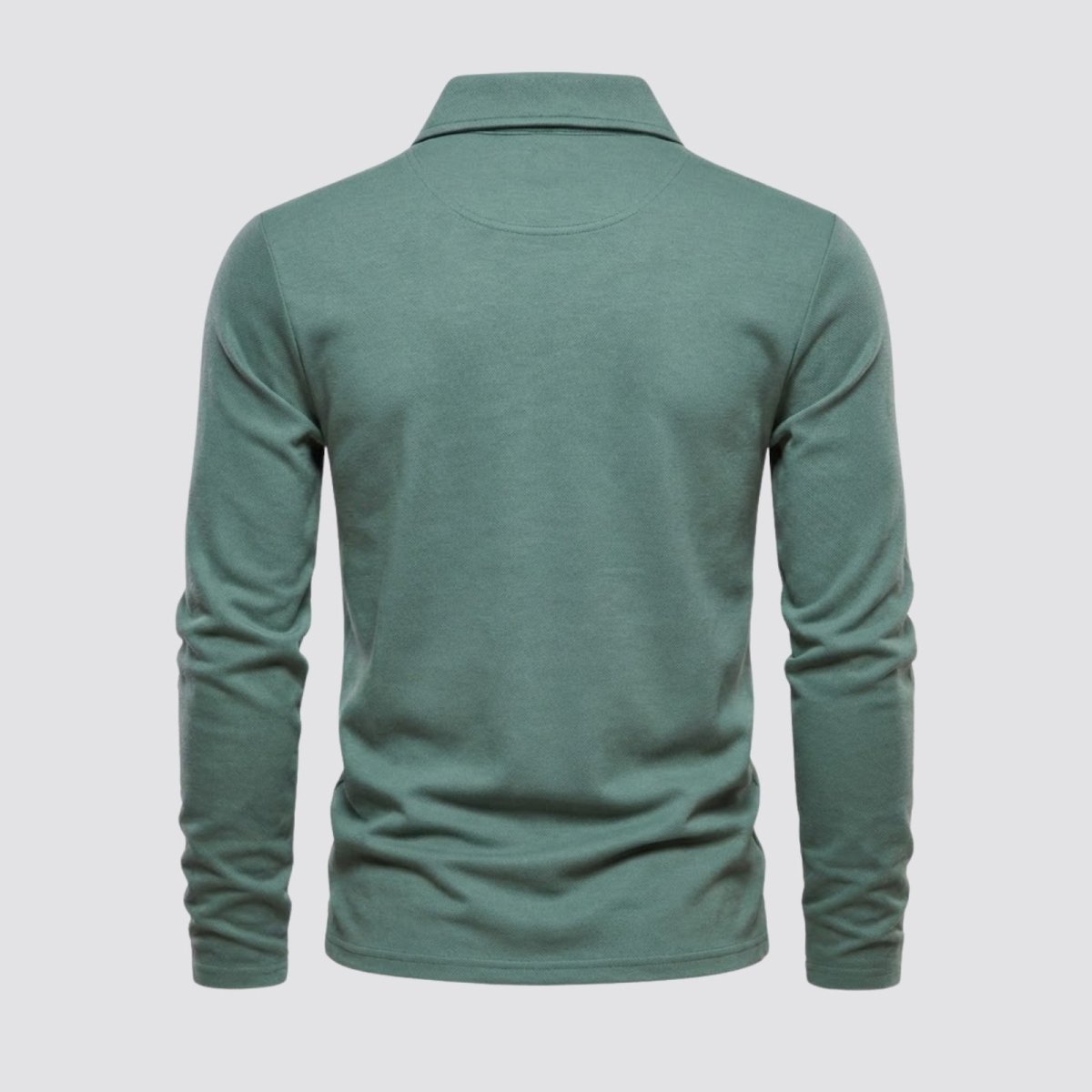 Rear product shot of the Kouvr men's sage green long sleeve polo shirt, showing the back and collar detail.