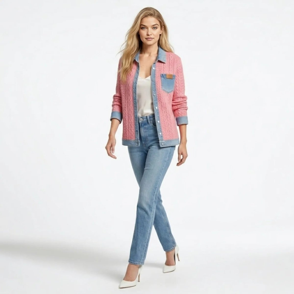 Three-quarter angle view of woman modeling the Kouvr mixed media pink knit and denim button-down sweater.