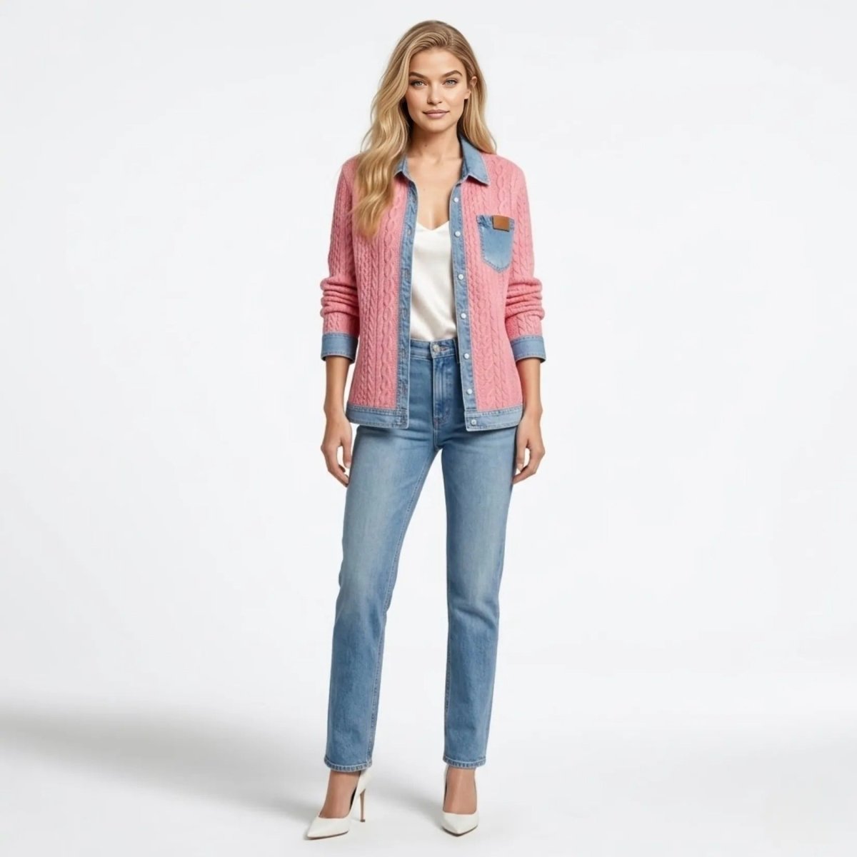 Front view of female model wearing Kouvr pink cable knit cardigan with light blue denim collar and trim.