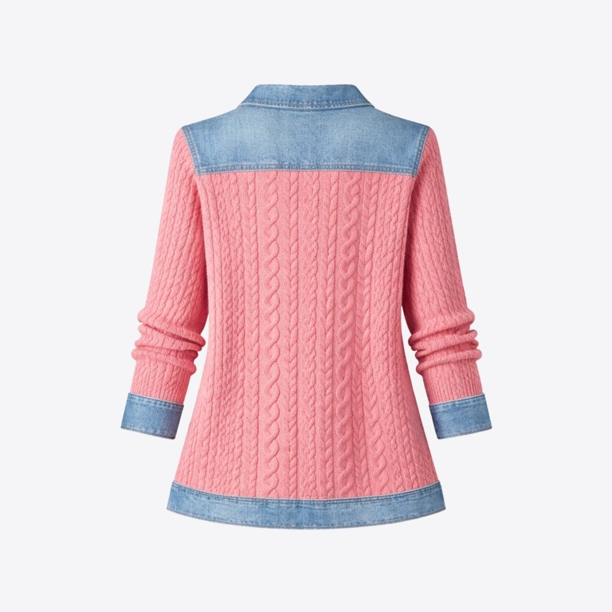 Ghost mannequin back view of the Kouvr pink mixed media sweater showing the intricate cable knit texture and denim accents.