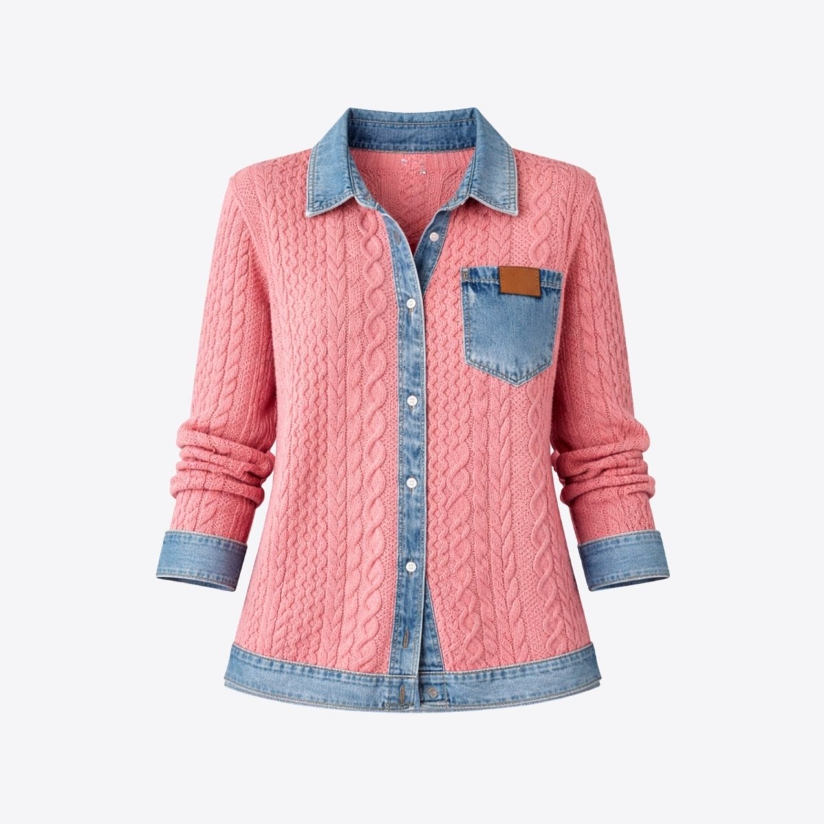 Ghost mannequin front view of the Kouvr pink cable knit shacket featuring denim button placket and chest pocket.