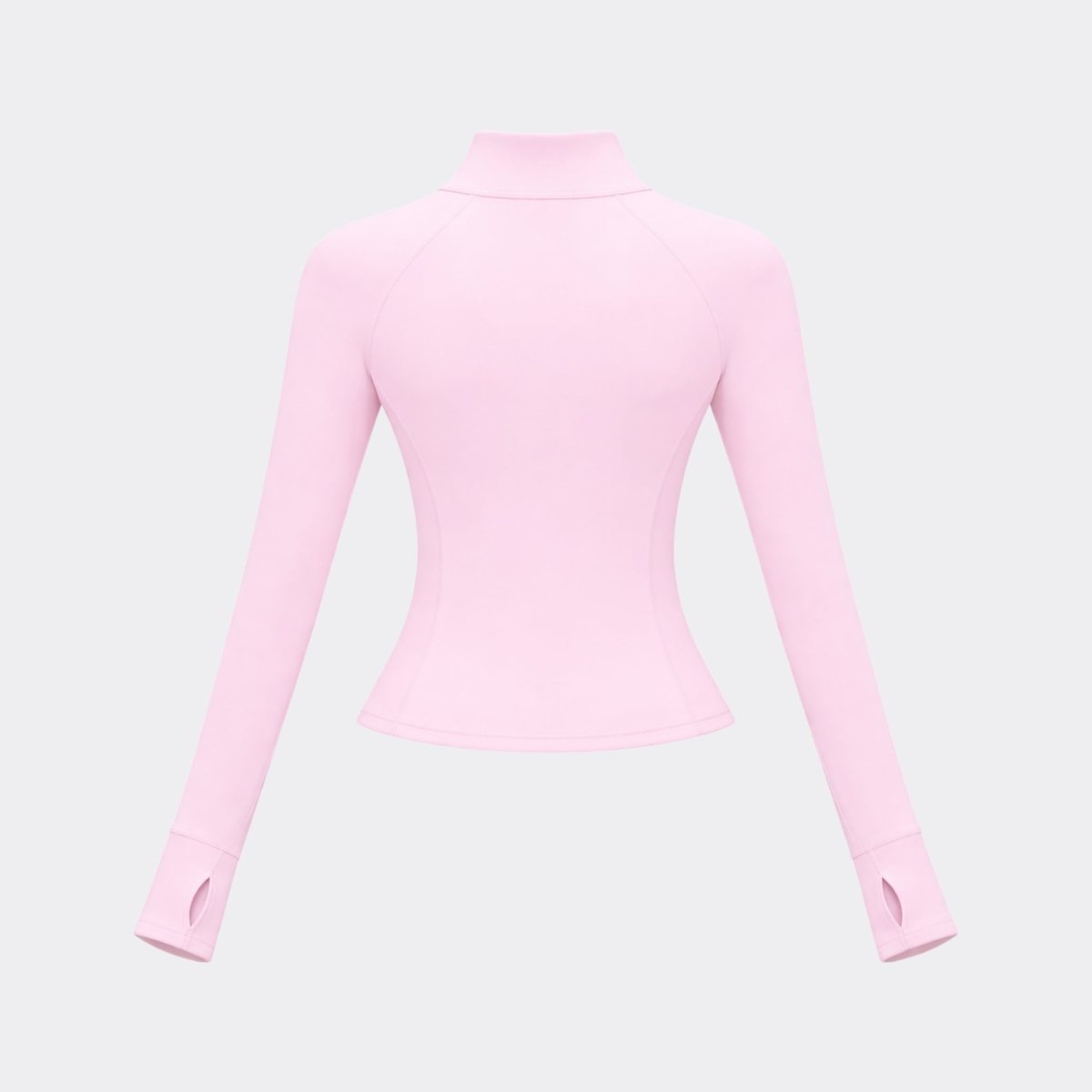 Flat lay back view of Kouvr pink fitted athletic track jacket highlighting premium matte fabric and structural seam lines.