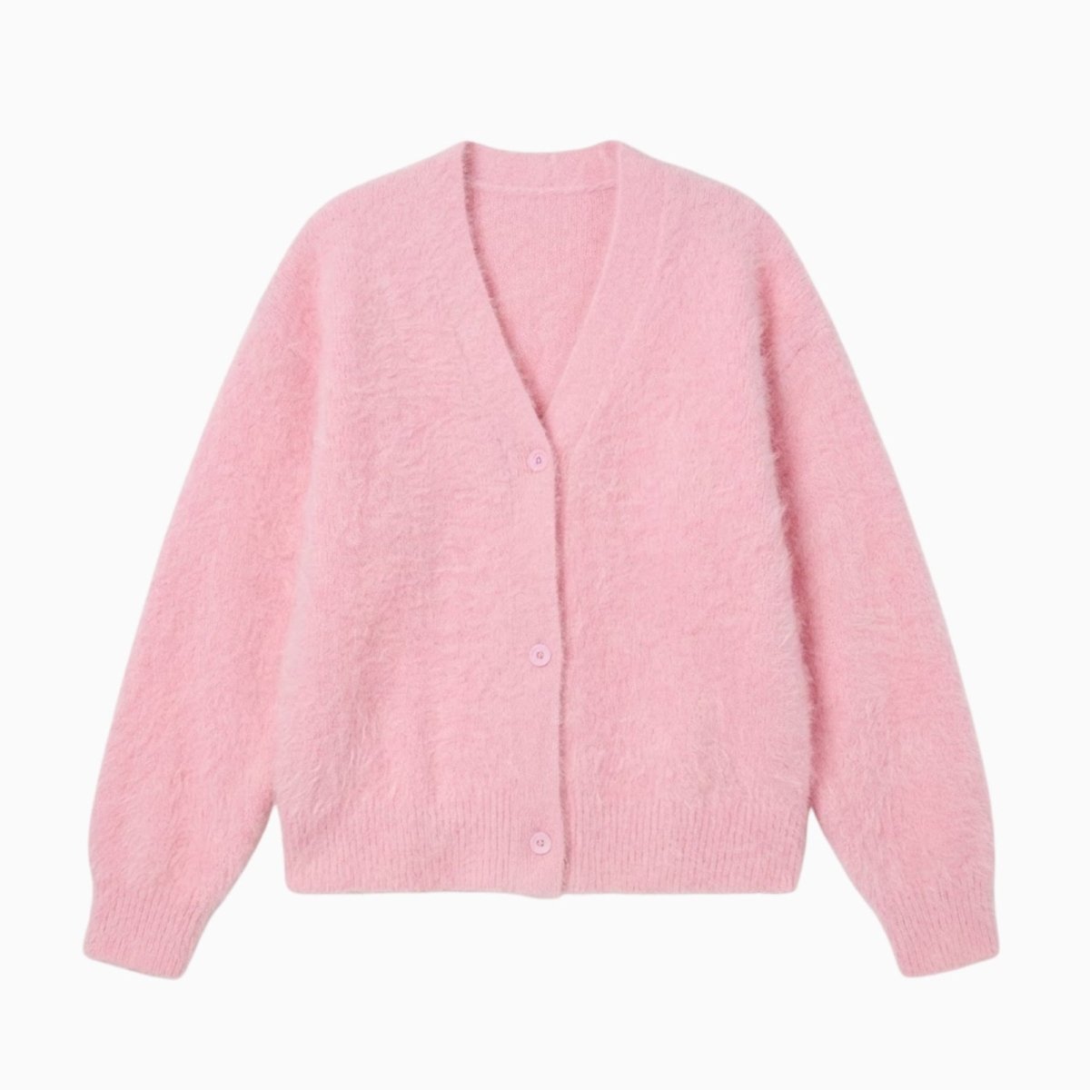Product flatlay of the Kouvr v-neck pink fluffy cardigan showing the button-front detail.