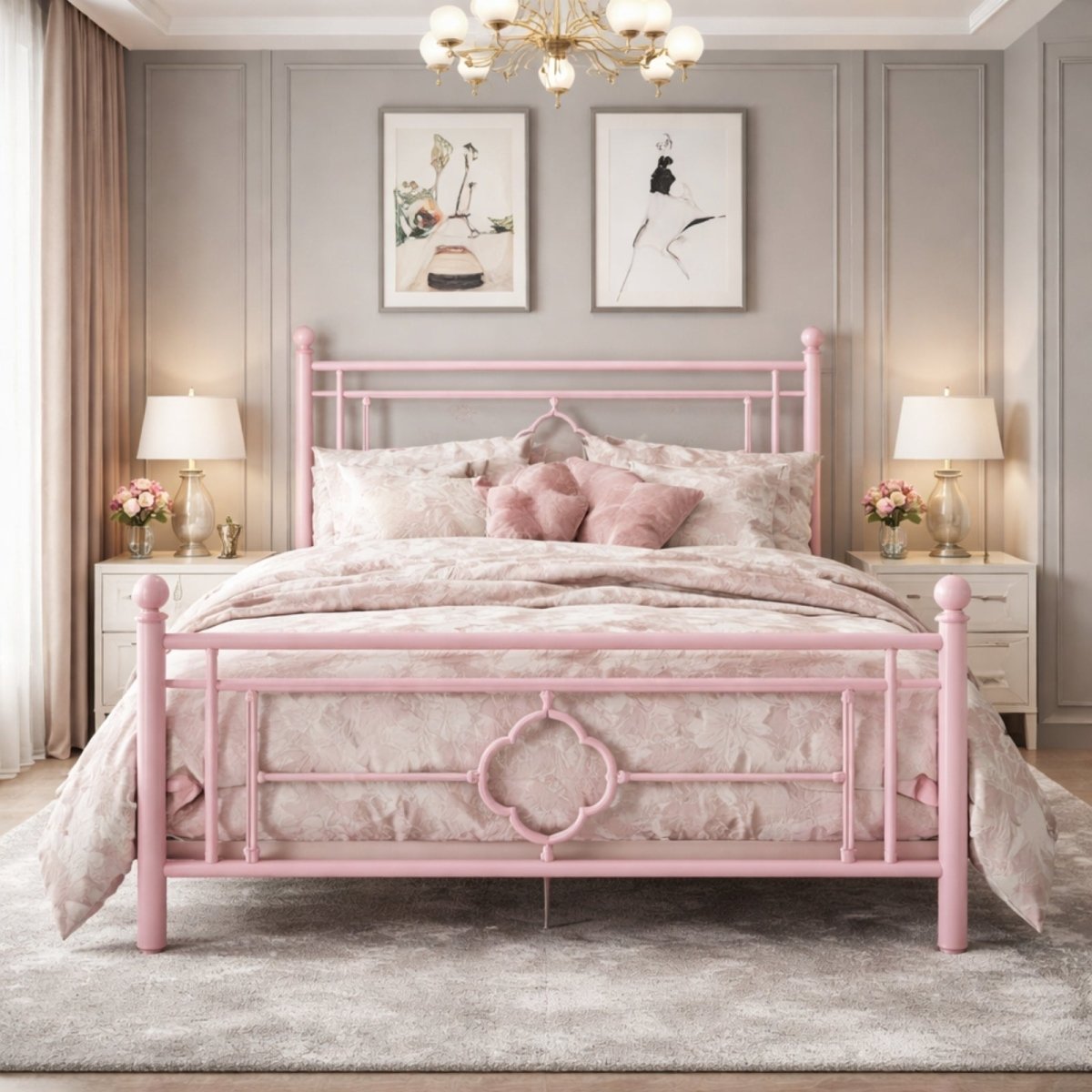 Queen size pink vintage metal bed frame by Kouvr set in a soft, feminine bedroom with grey paneled walls, pink floral bedding, and white nightstands.