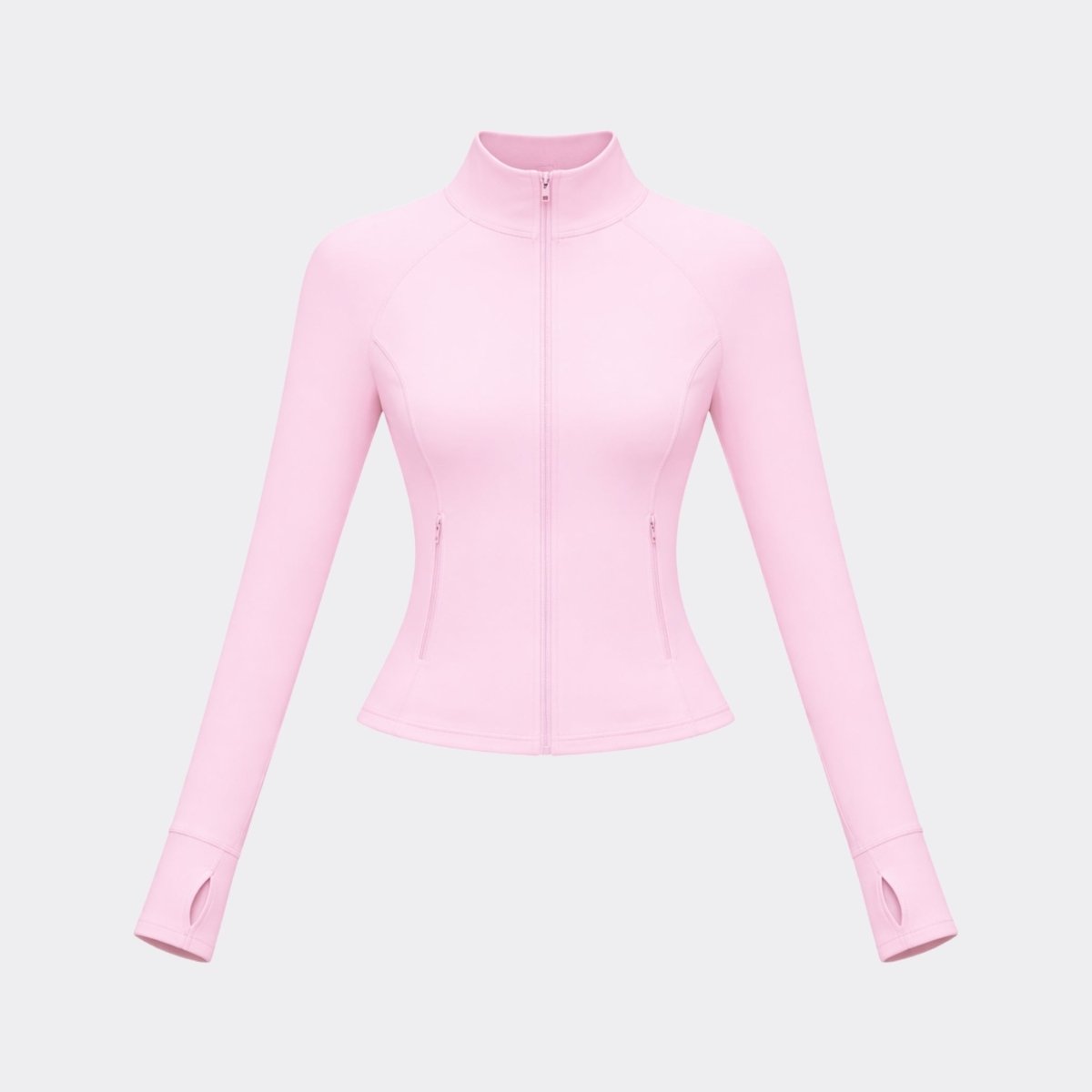 Flat lay front view of Kouvr pink full-zip mock neck workout jacket showcasing discrete zippered front pockets.