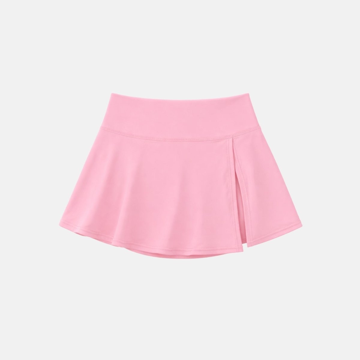 Isolated flat lay product shot of Kouvr pink high waisted skirt showing front slit and wide waistband
