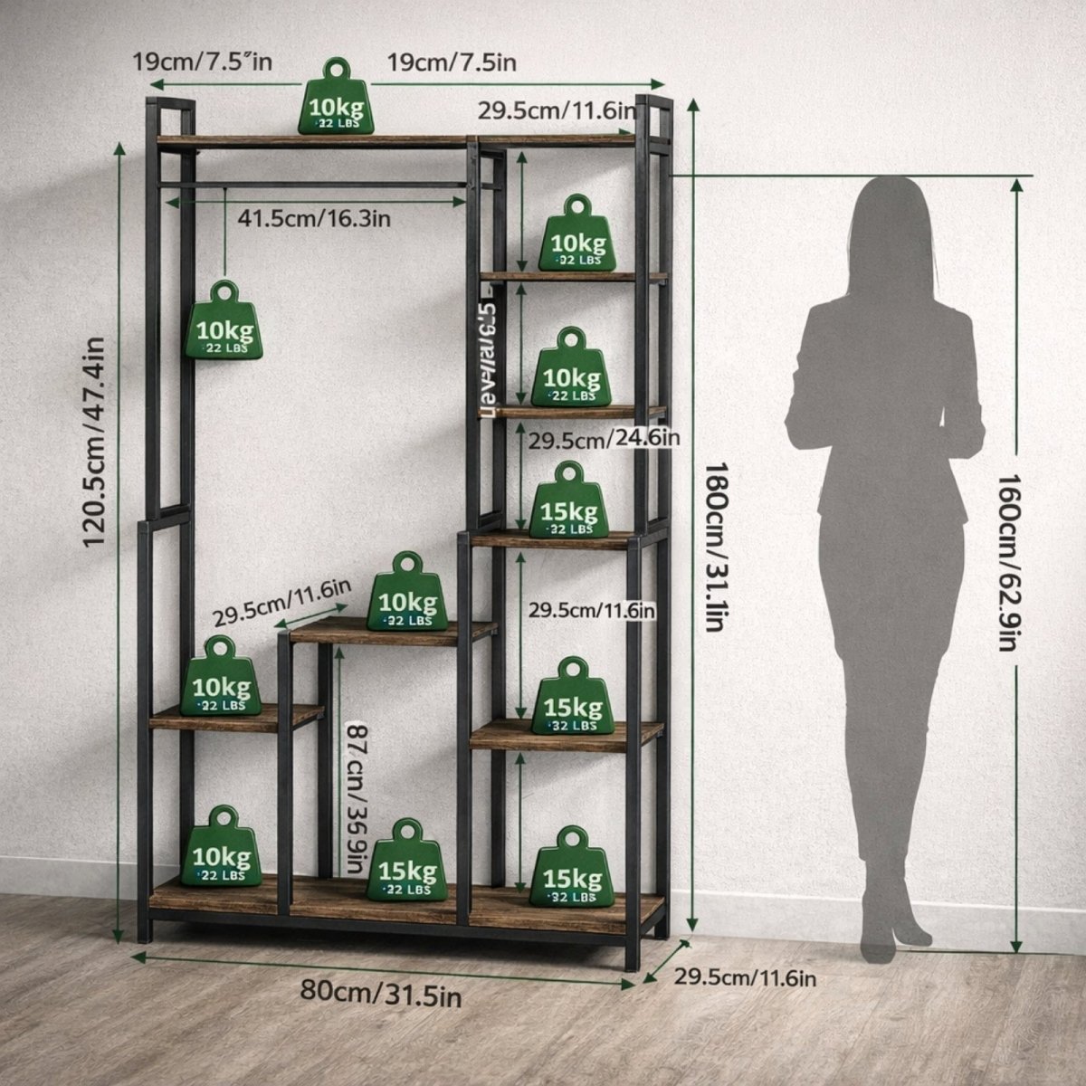 Dimension diagram of Kouvr shelving unit showing 160cm height, 80cm width, and 10kg-15kg load capacity per shelf for heavy items.