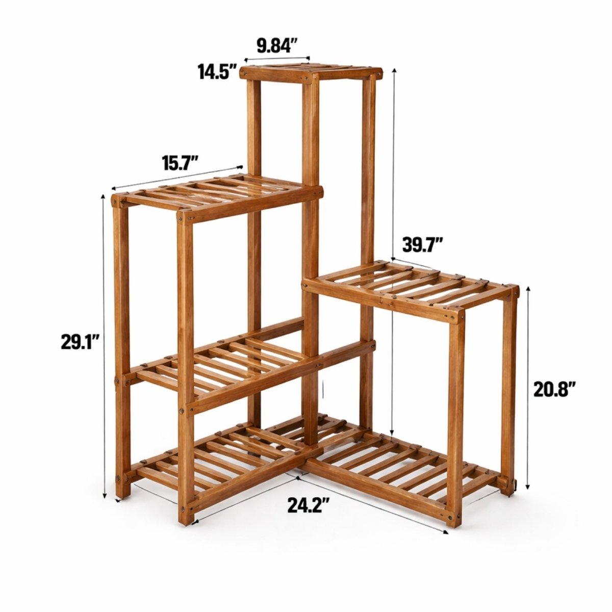 Detailed blueprint schematic of the tiered plant stand indicating load-bearing joints and specific measurements for the 6 distinct shelf levels.