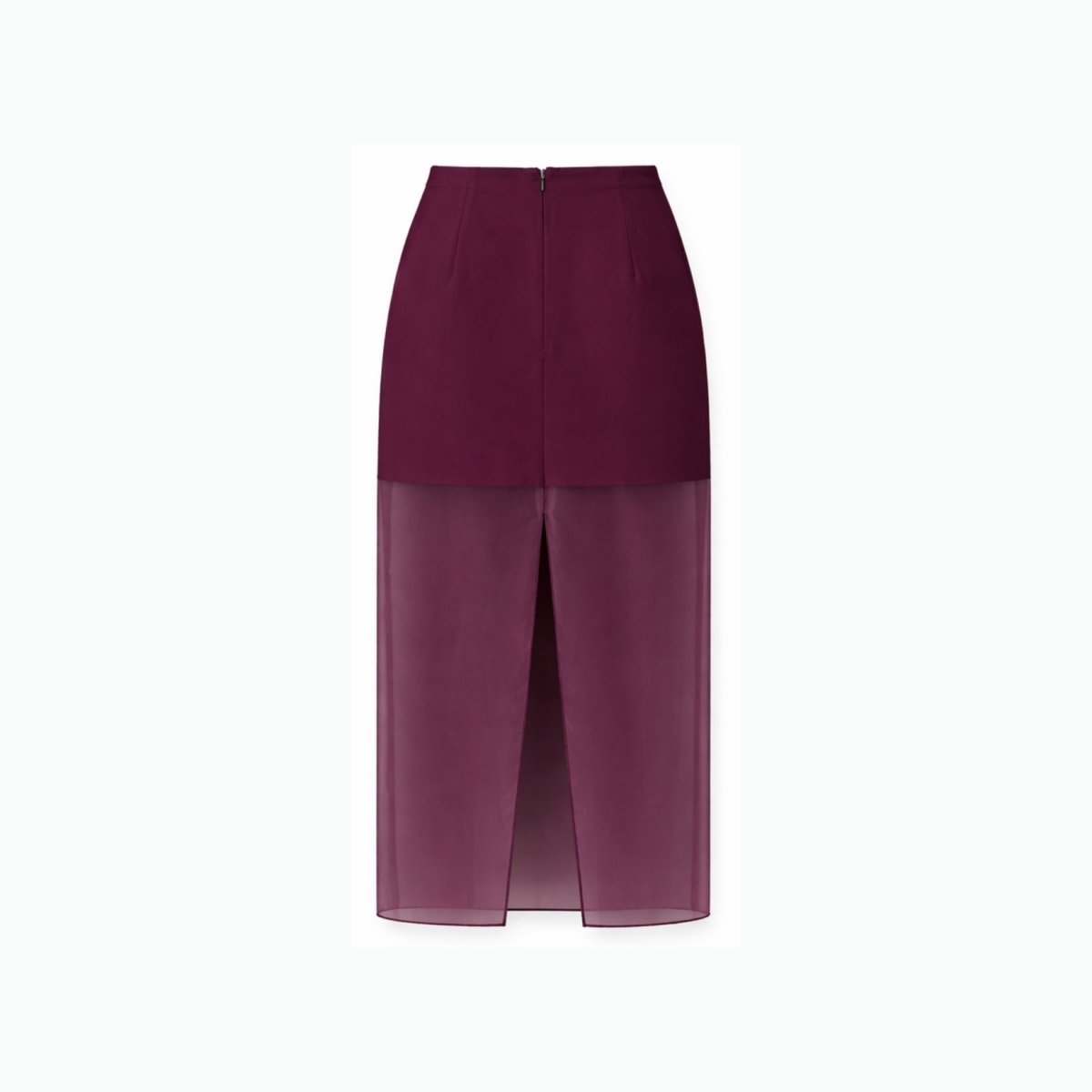 Flat lay back view of Kouvr plum sheer skirt showing zipper closure and bottom split details.
