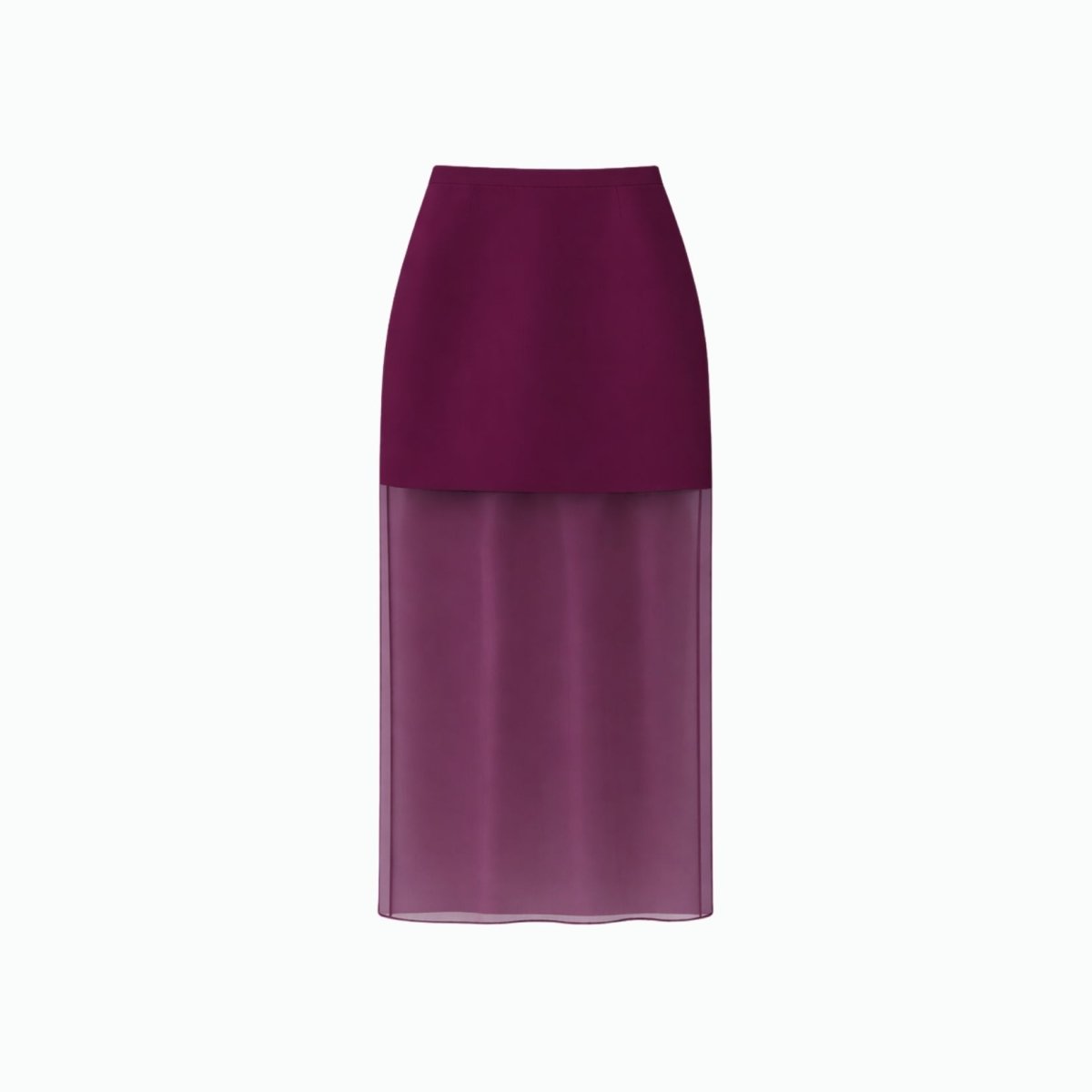 Flat lay front view of Kouvr plum two piece illusion maxi skirt on a clean white background.