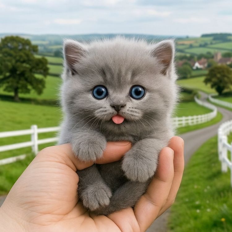 A hand holding up the cute grey Kouvr robot kitten in front of a scenic countryside landscape.