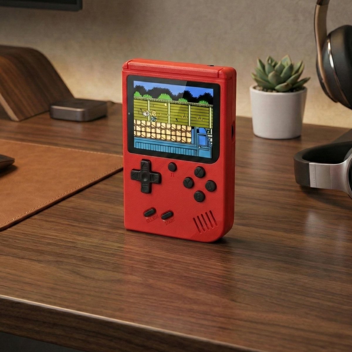 A single red Kouvr portable vintage video game player standing upright on a desk, displaying a classic 8-bit game.