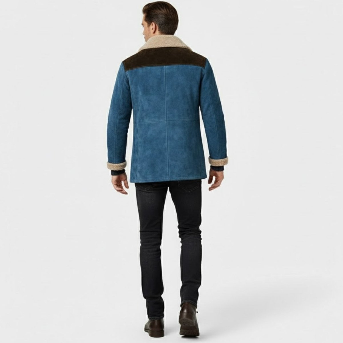 Back view of the Kouvr Porter men's winter jacket showing the dark brown suede yoke and blue suede body.