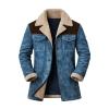 Product shot of the Kouvr men's blue suede shearling-lined jacket with a brown collar, open front view.