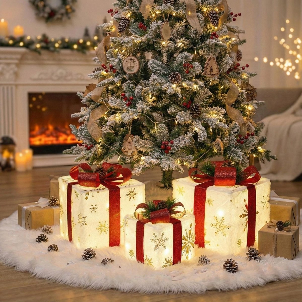 A trio of luxury lighted Christmas present boxes in small, medium, and large, elegantly arranged on a white tree skirt under a flocked Christmas tree.