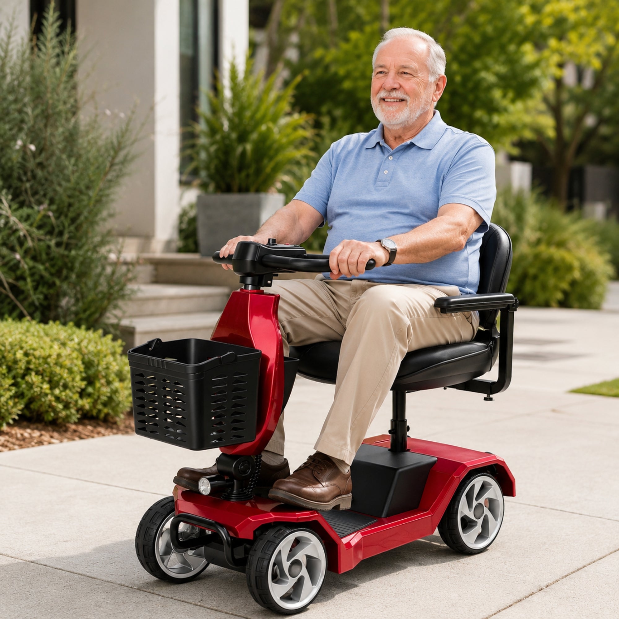 Infographic image highlighting the core specifications of the Kouvr electric scooter in a high-end shopping mall setting: Safe & Reliable, Long-lasting Battery, Heavy-Duty 350lbs Capacity, and Easy to Maneuver with a graphic steering wheel icon.