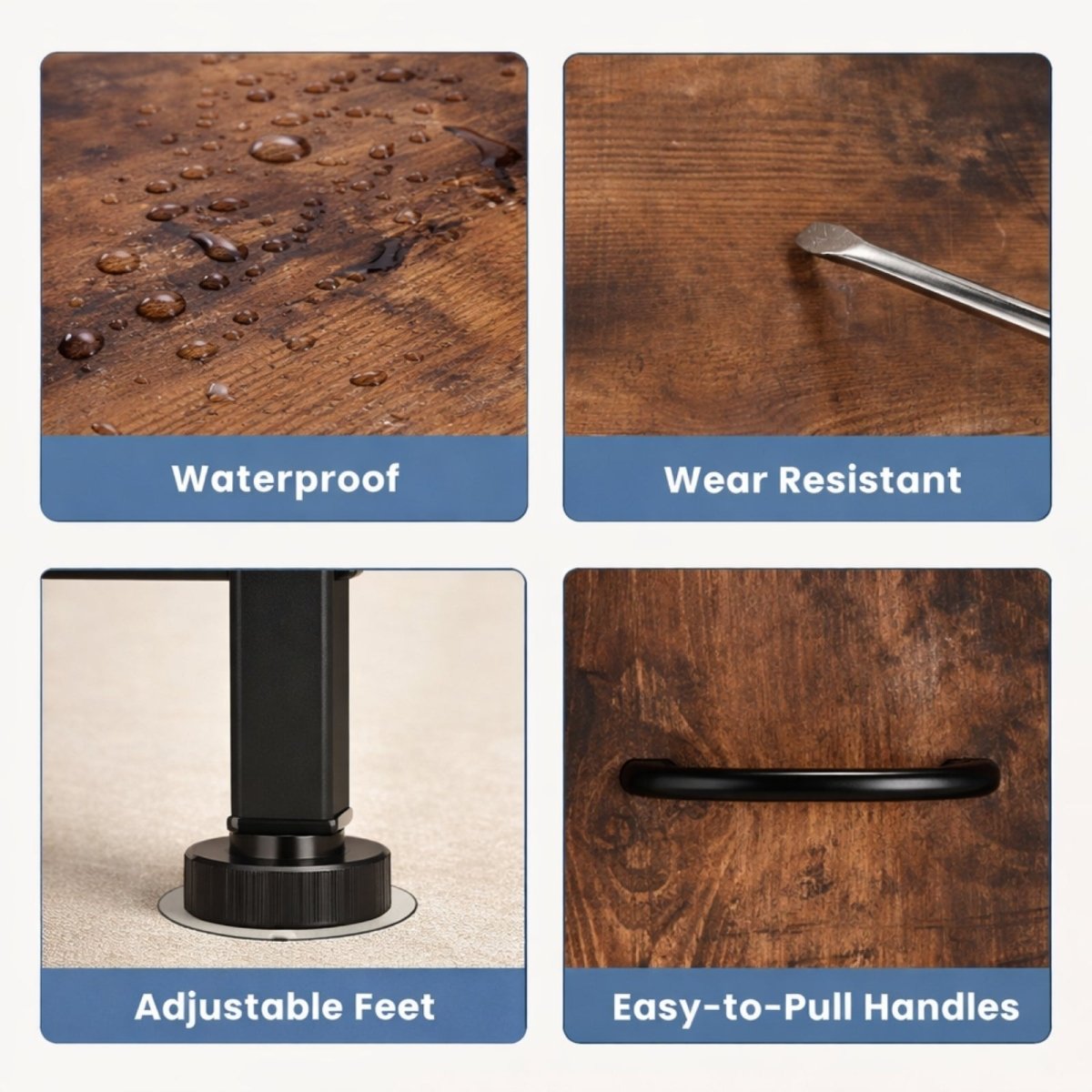 A collage showcasing the premium functional details of the Kouvr dresser: a waterproof top, wear-resistant surface, adjustable leveling feet, and easy-pull handles.