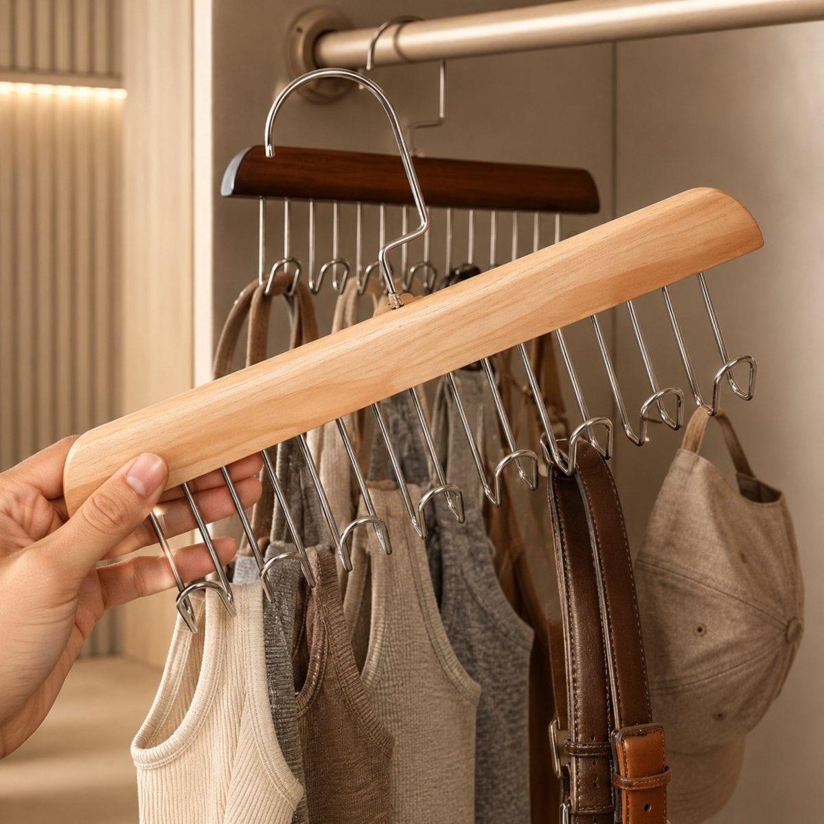 Close-up of a hand holding the Kouvr natural wood clothing organizer hanger, showing the sturdy 12-hook chrome steel construction holding strappy shirts.