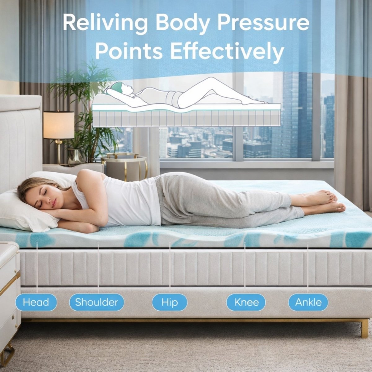 Diagram showing a woman sleeping on the Kouvr mattress topper, highlighting pressure relief points for head, shoulder, hip, knee, and ankle alignment.