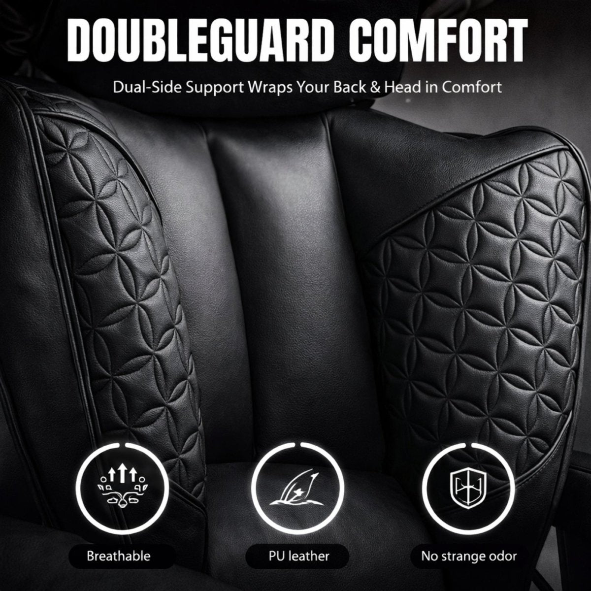 Close-up detail of the Kouvr office chair's breathable, quilted PU leather backrest, highlighting the dual-side support design.