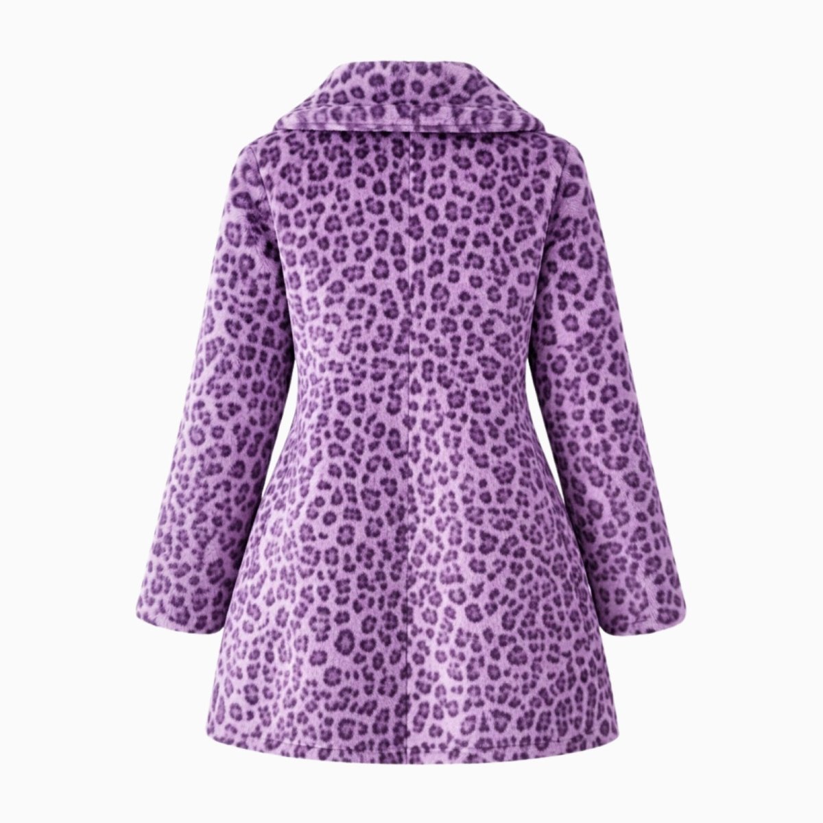 Flat lay of the back of the Kouvr purple leopard print faux fur coat on a white background.