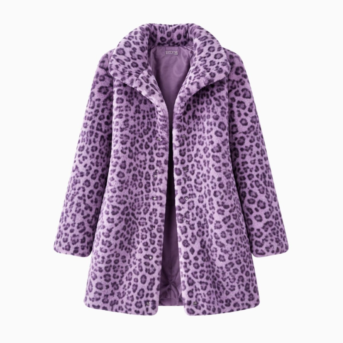 Flat lay of the open purple leopard faux fur coat, showing the silky purple interior lining and statement collar.