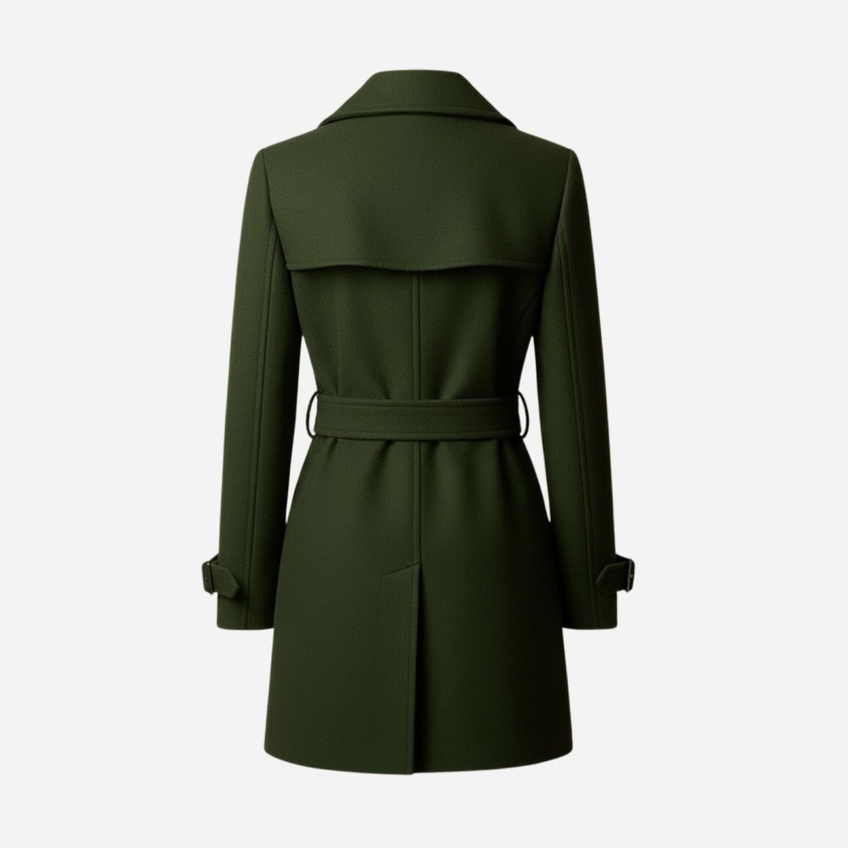 Flat lay of the back of the Kouvr Rachelle trench coat, showing the belt, vent, and storm flap details clearly.