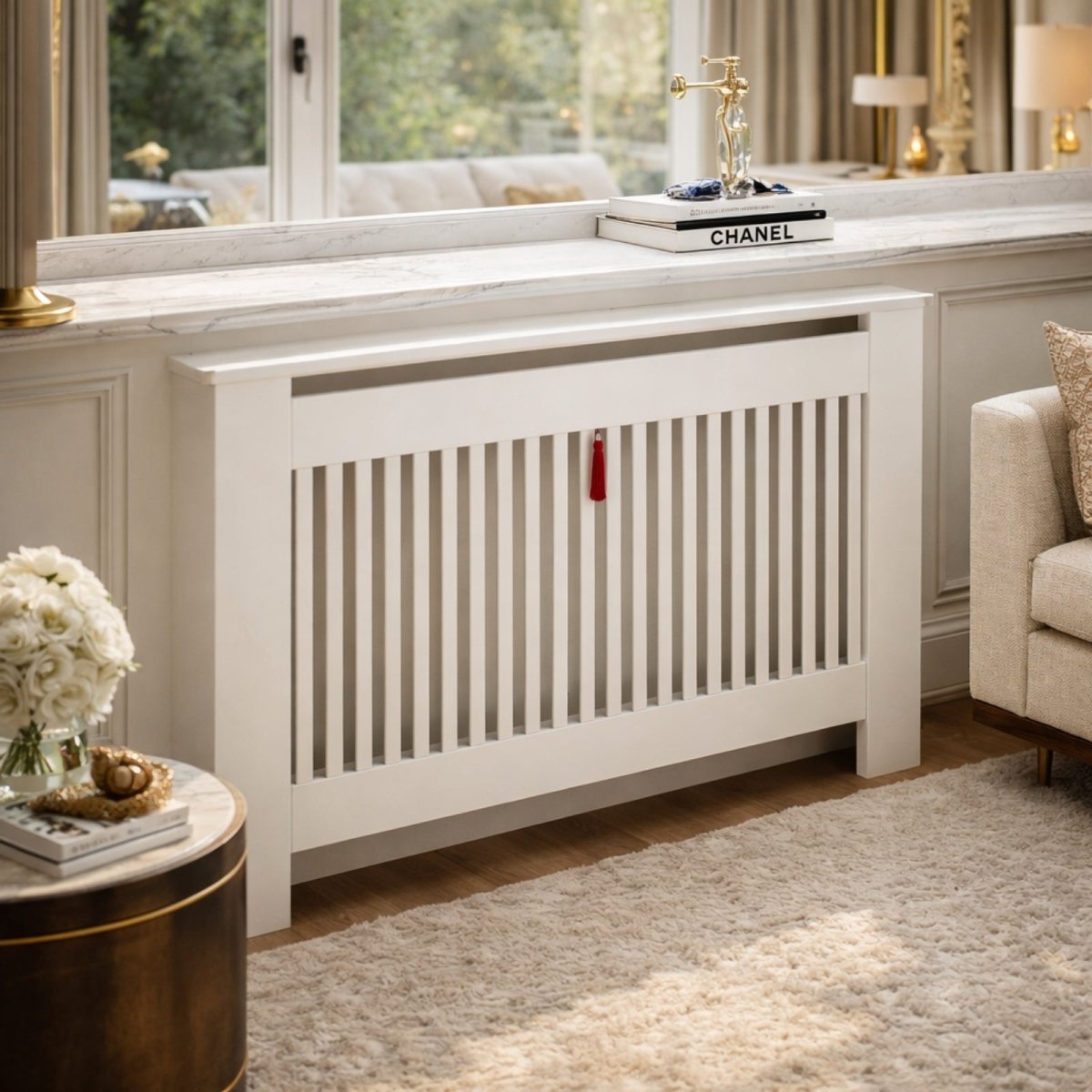 A white radiator cover console placed under a large window, decorated with books and a sculpture, blending into a bright living space.