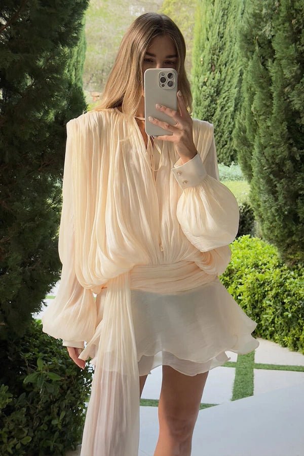 Rafaela Draped Silk Mini Dress - Champagne Blouson Long Balloon Sleeve  V-Neck Cocktail Dress for Wedding Guest, Party & Formal Event Kouvr