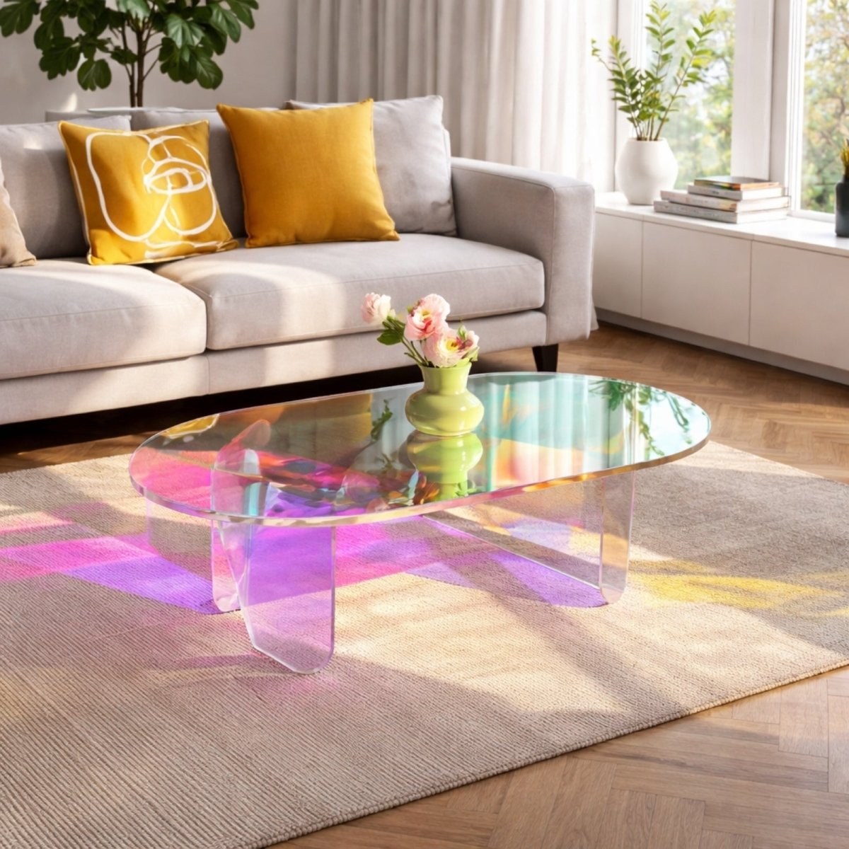 Kouvr acrylic coffee table casting purple and pink prism shadows on a textured rug in a sunlit room.