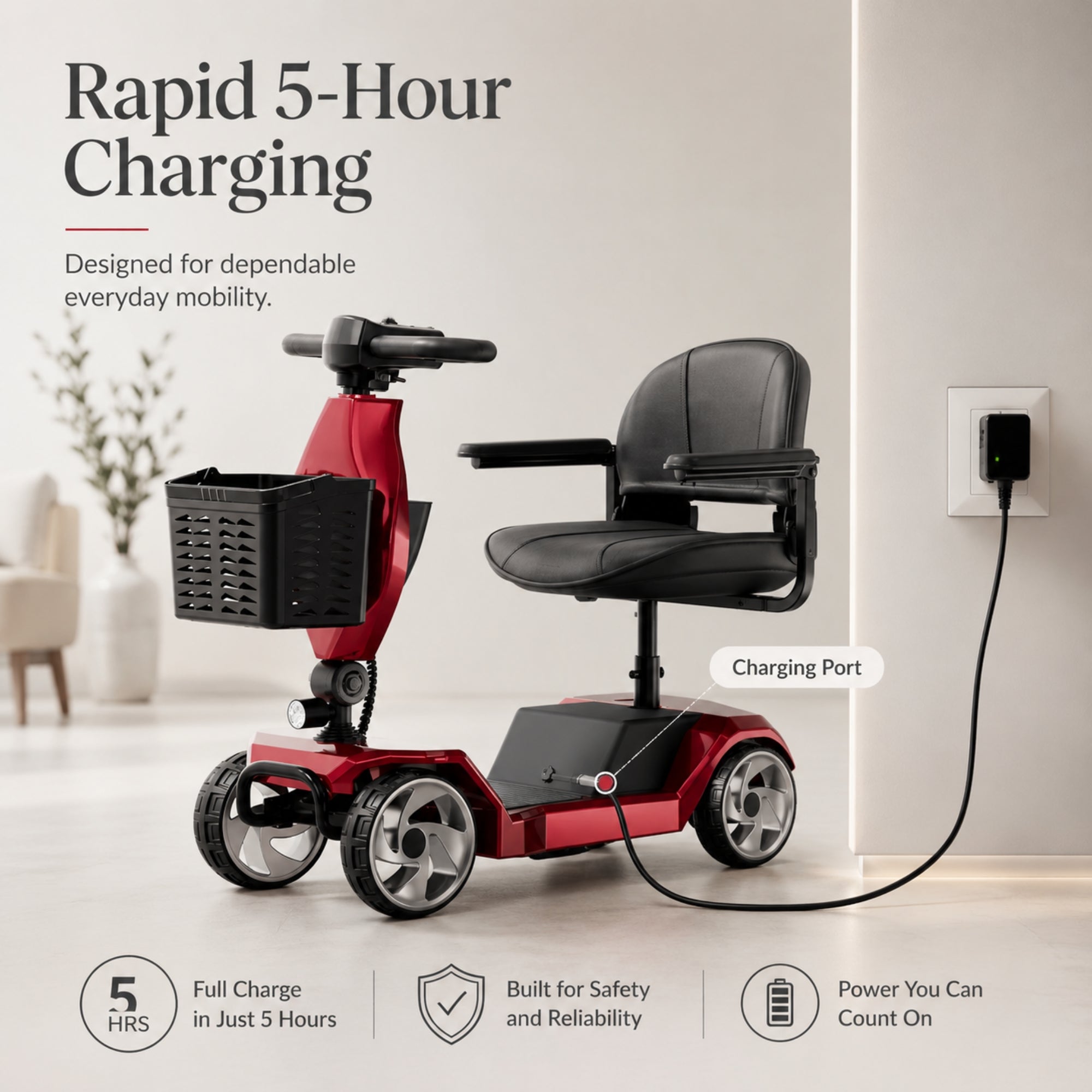 A red Kouvr lightweight electric mobility scooter with a front basket and deluxe seat parked indoors next to a white wall, plugged into a standard electrical outlet. Text above reads "Rapid 5-Hour Charging, Designed for dependable everyday mobility."